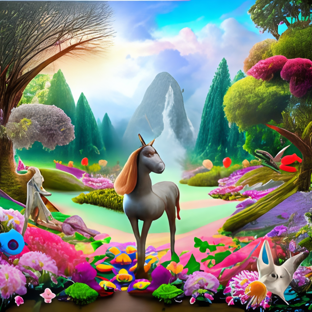 a magical forest with a unicorn in the center, surrounded by colorful flowers and butterflies
