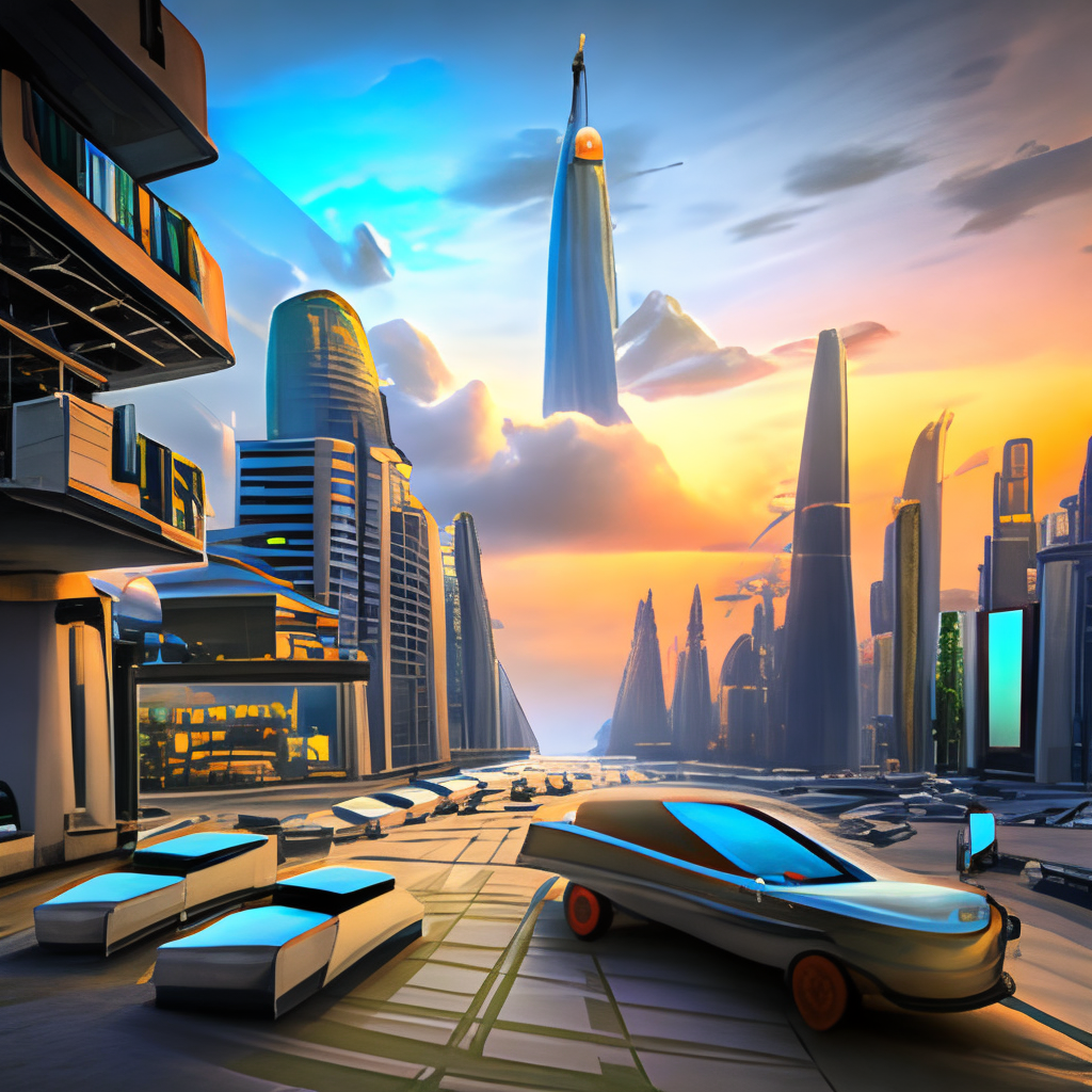 a futuristic city with flying cars and tall skyscrapers, with a sunset in the background