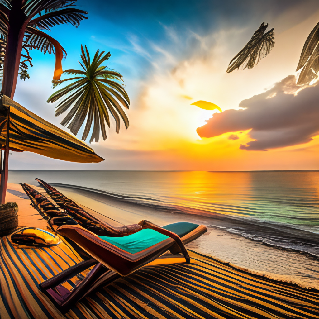 a tropical beach with palm trees, a hammock, and a sunset in the background