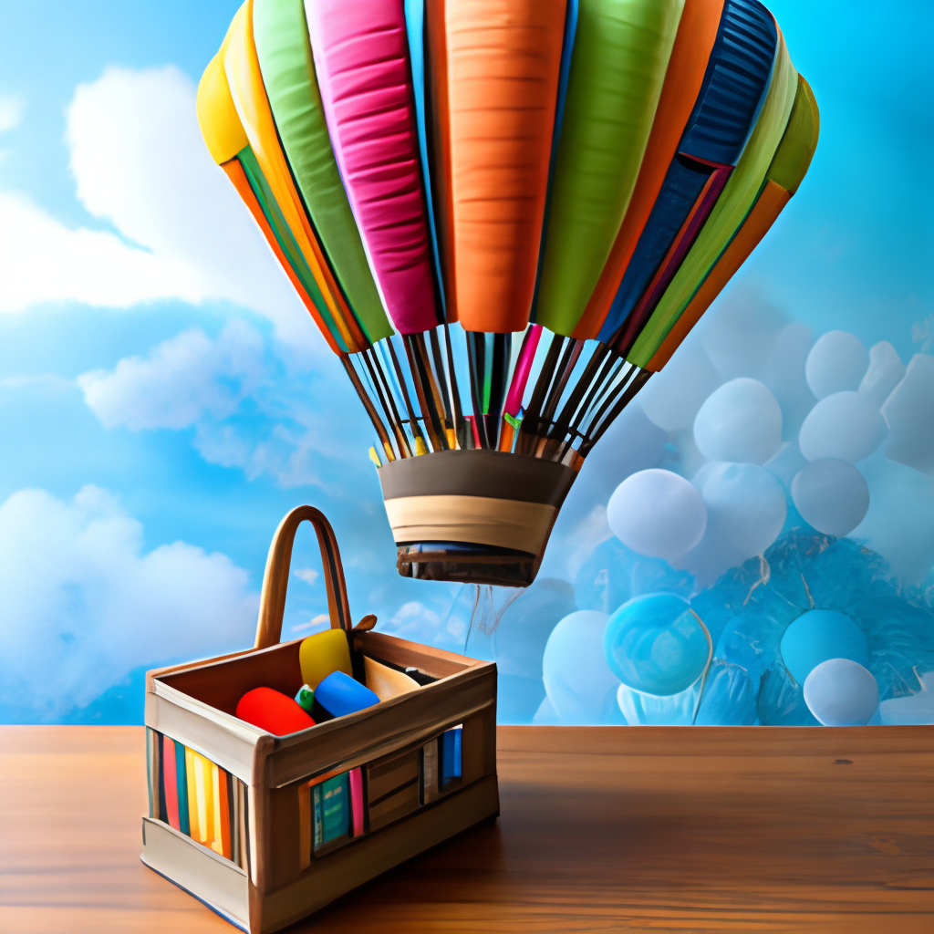 a vibrant and creative hot air balloon with a pencil basket