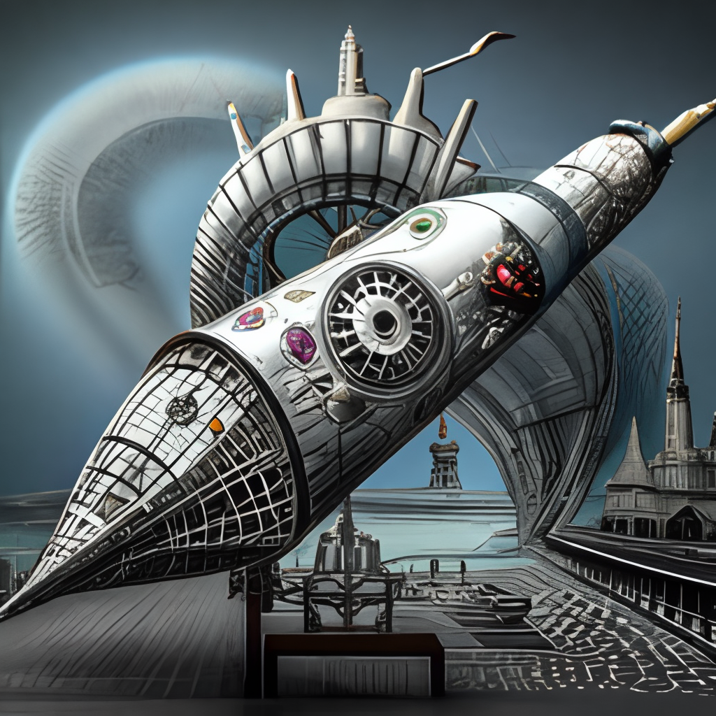 a detailed and imaginative rocket ship with a pen exhaust