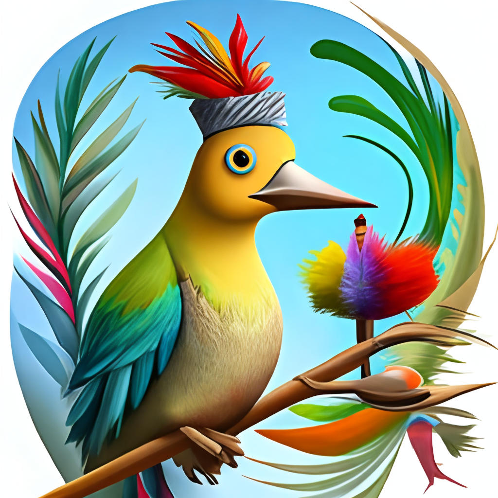 a whimsical and artistic bird with a brush beak and paintbrush tail feathers