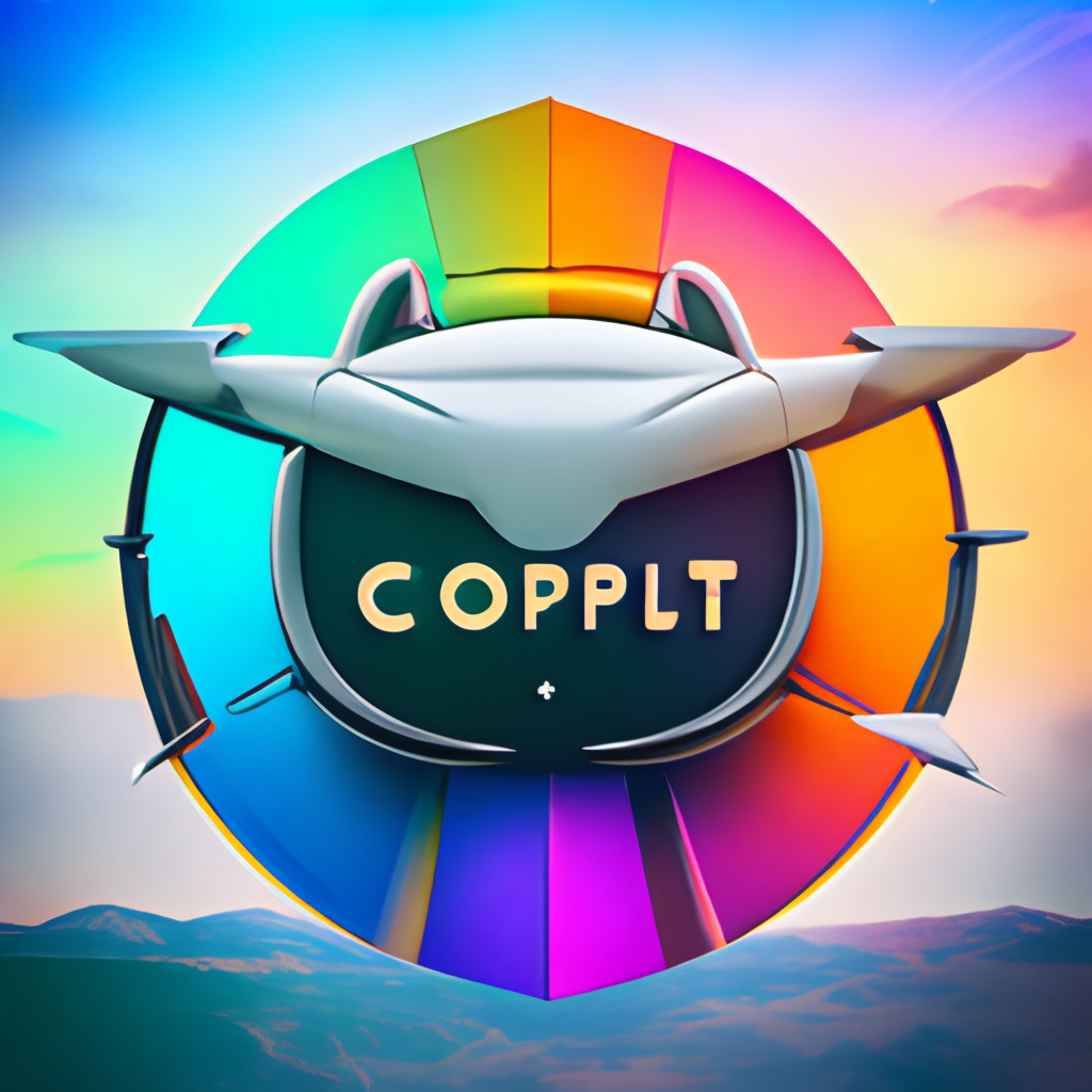 a futuristic and sleek logo for a creative copilot app, with a metallic and neon color scheme and a stylized airplane wing