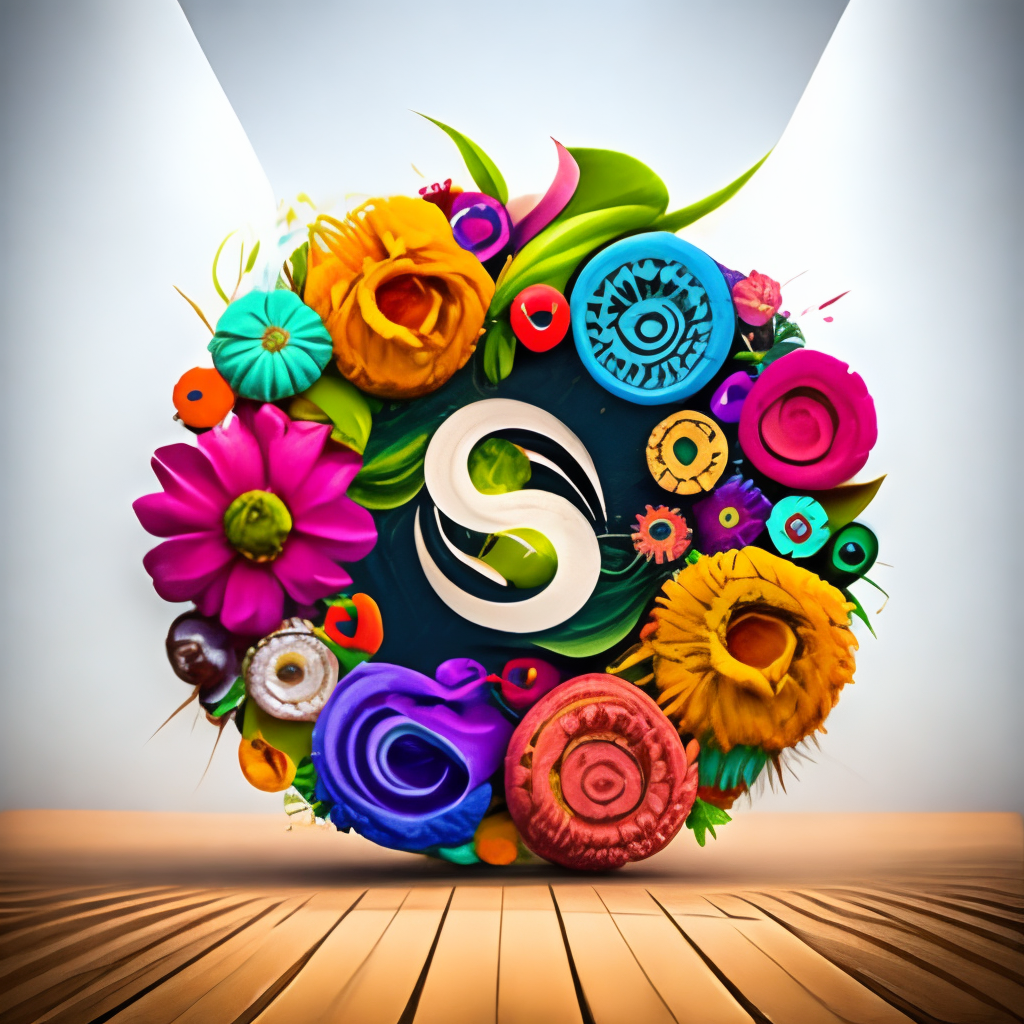 a vibrant and intricate logo with a mix of floral and abstract shapes