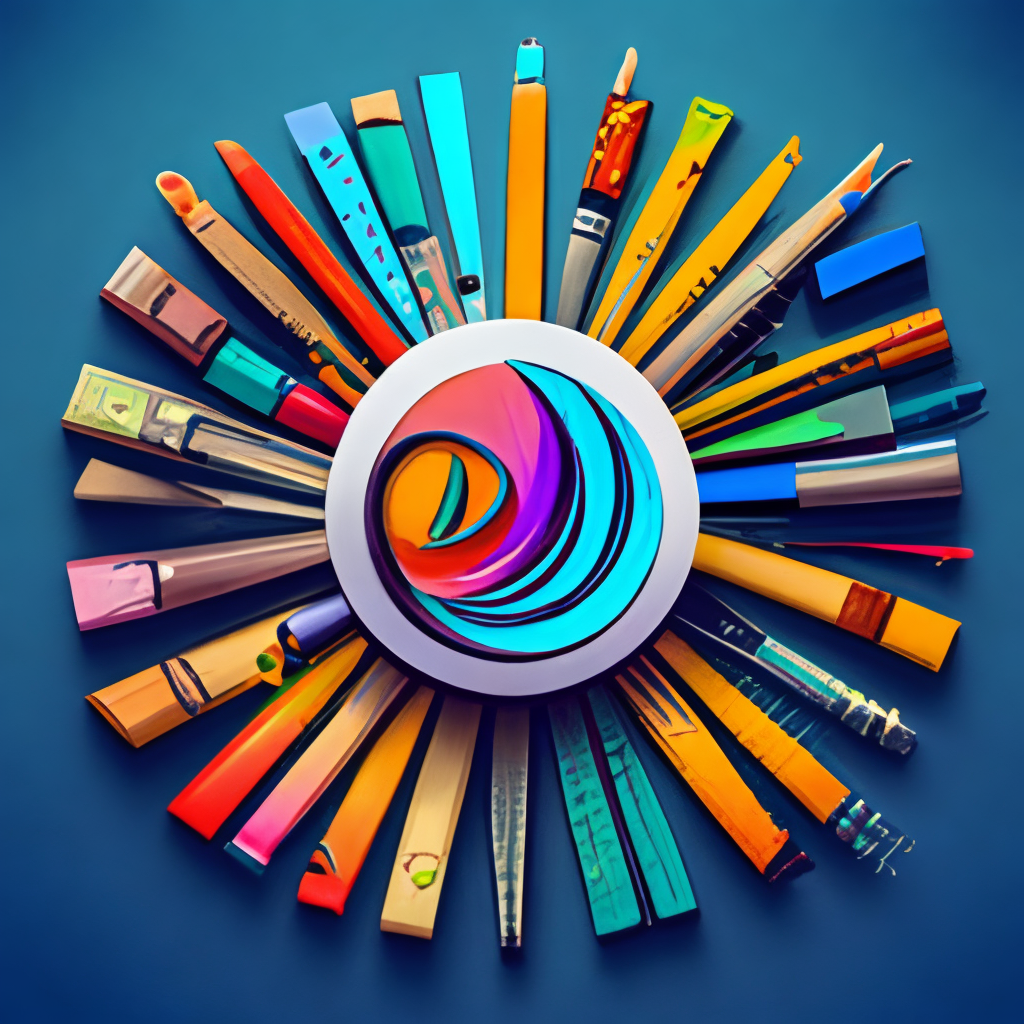 a colorful and intricate logo with a mix of paintbrushes, pencils, and other art tools