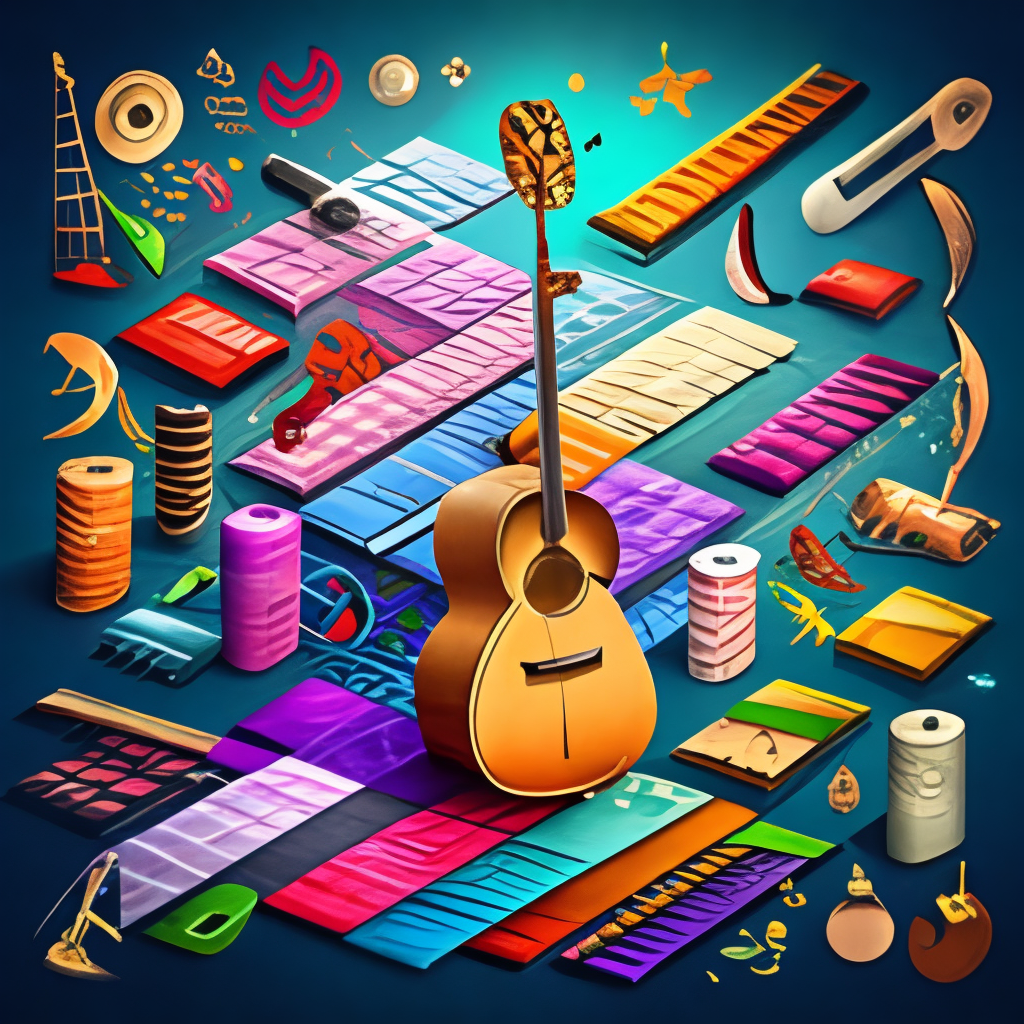 a vibrant and intricate logo with a mix of musical instruments and notes