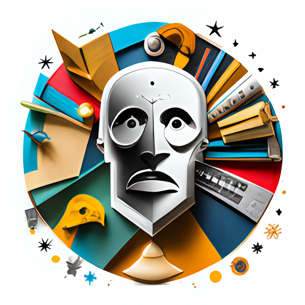 a playful and intricate logo with a mix of theater masks and stage props