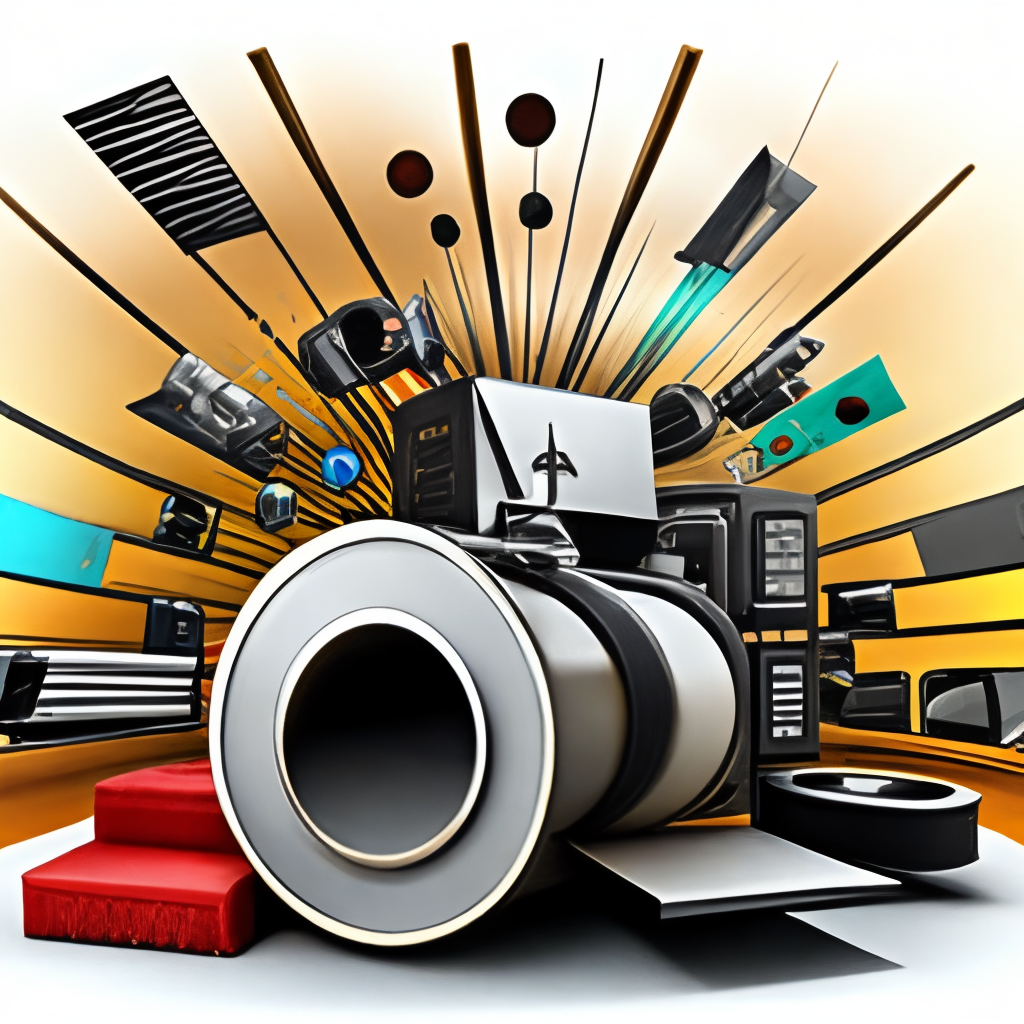 a dynamic and intricate logo with a mix of cameras, film reels, and other film equipment