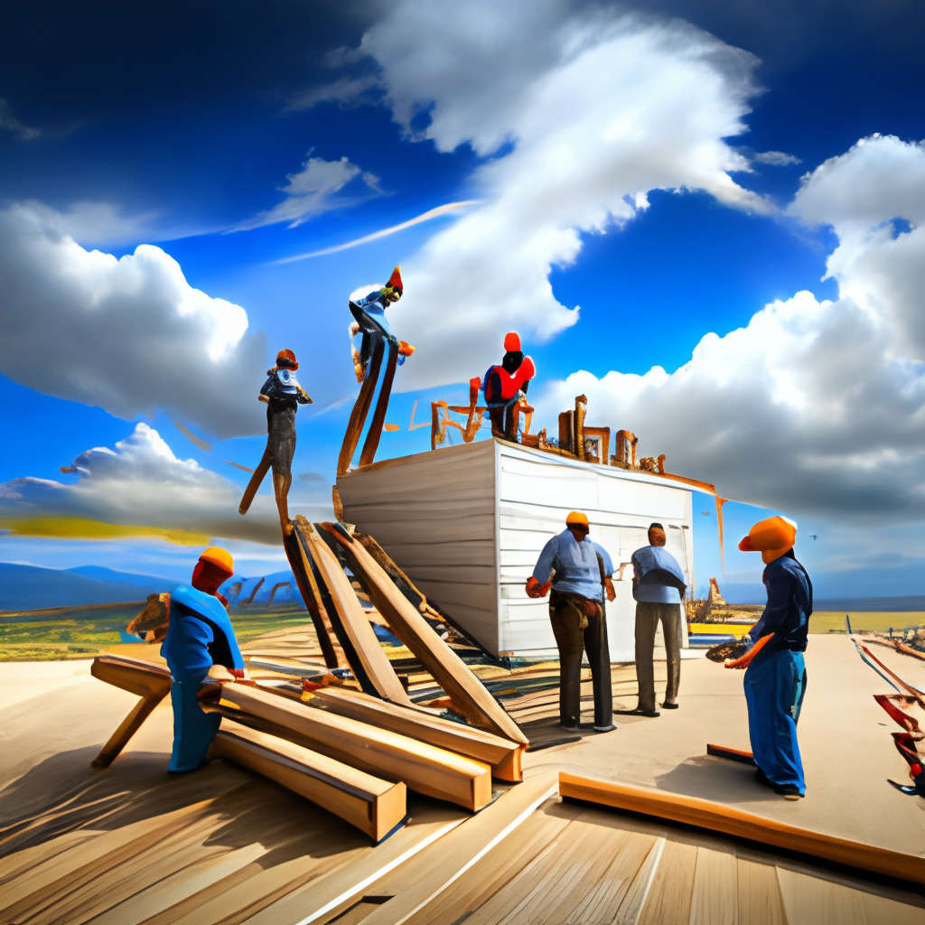 a group of framers building a house with lumber, with a blue sky and white clouds in the background