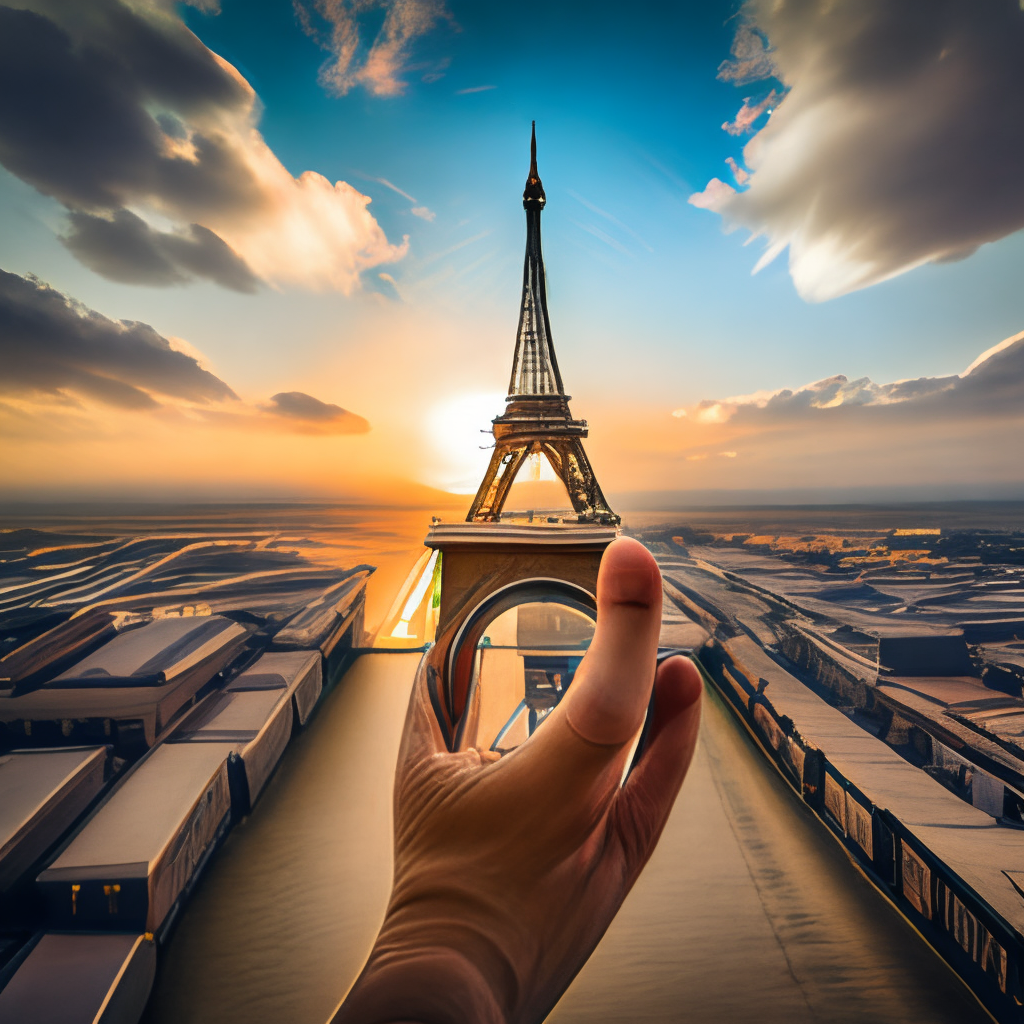 a man holding the Eiffel Tower in his palm, with a beautiful sunset in the background