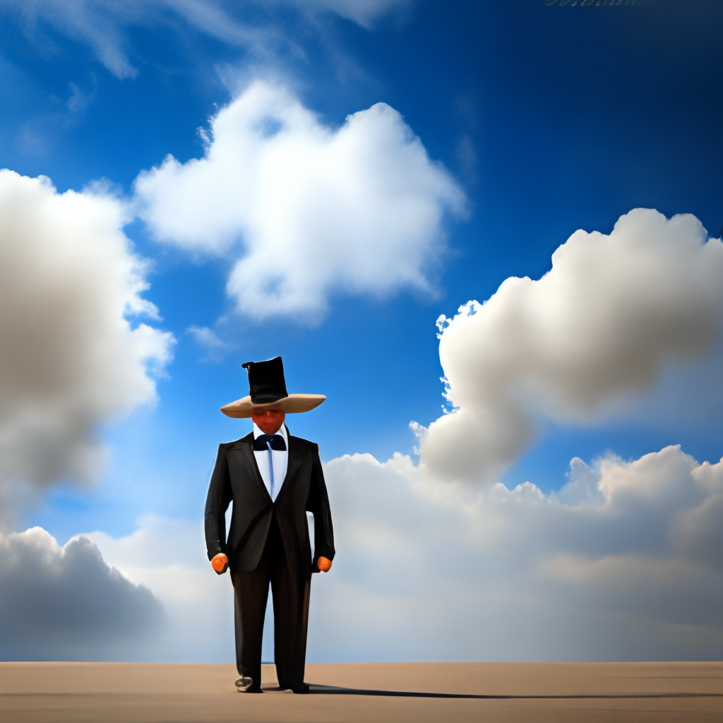 a man with a top hat standing in front of a blue sky