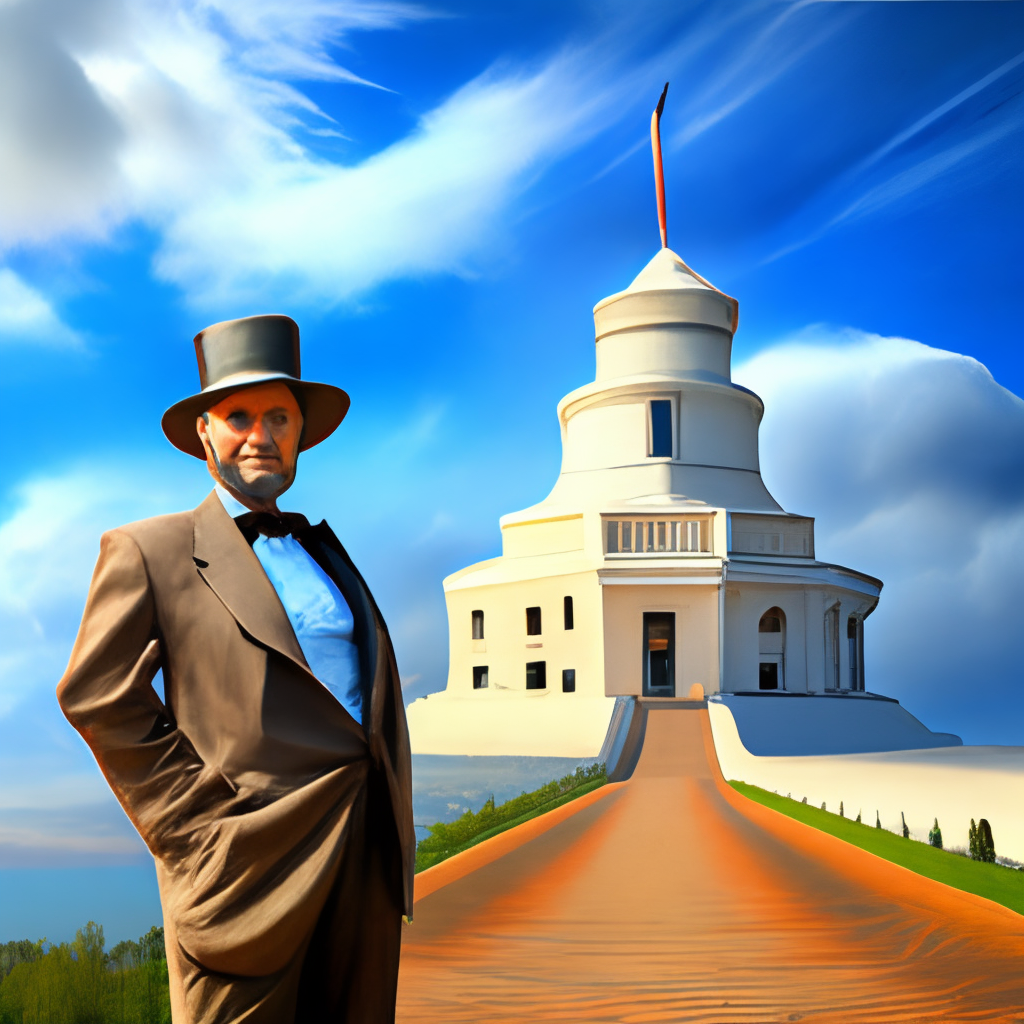 Abraham Lincoln standing in front of a blue sky wearing a top hat