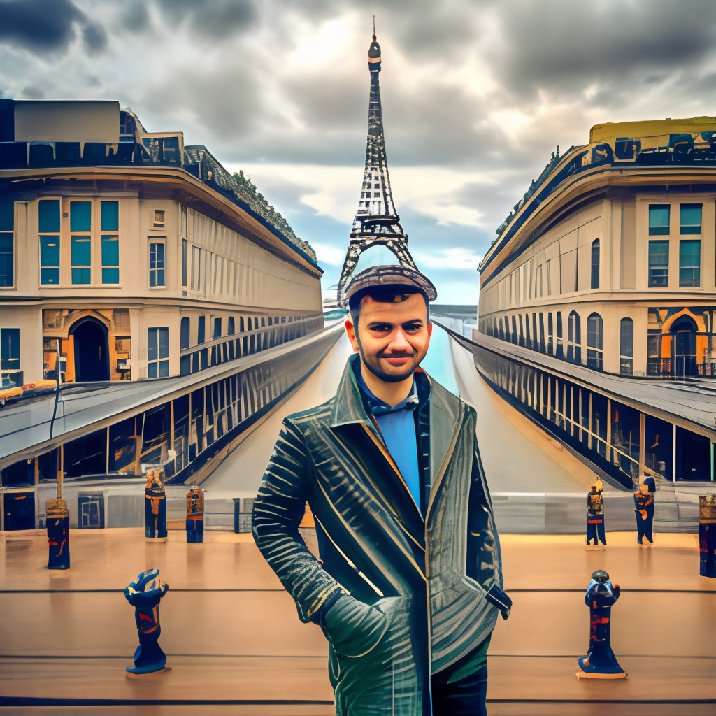 a man wearing a coat and standing in front of the Eiffel Tower