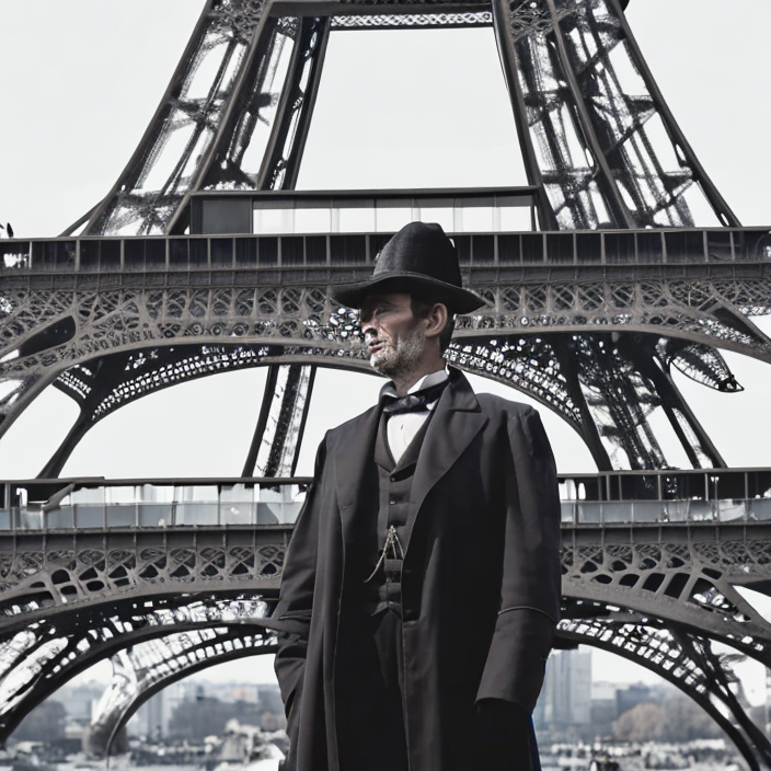 a man in a coat with the Eiffel Tower replacing the sky
