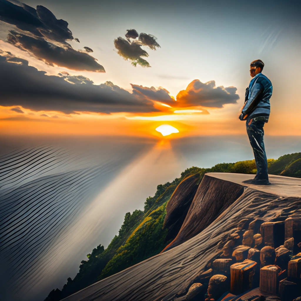a man standing on a cliff facing away from the camera, looking into the sunset