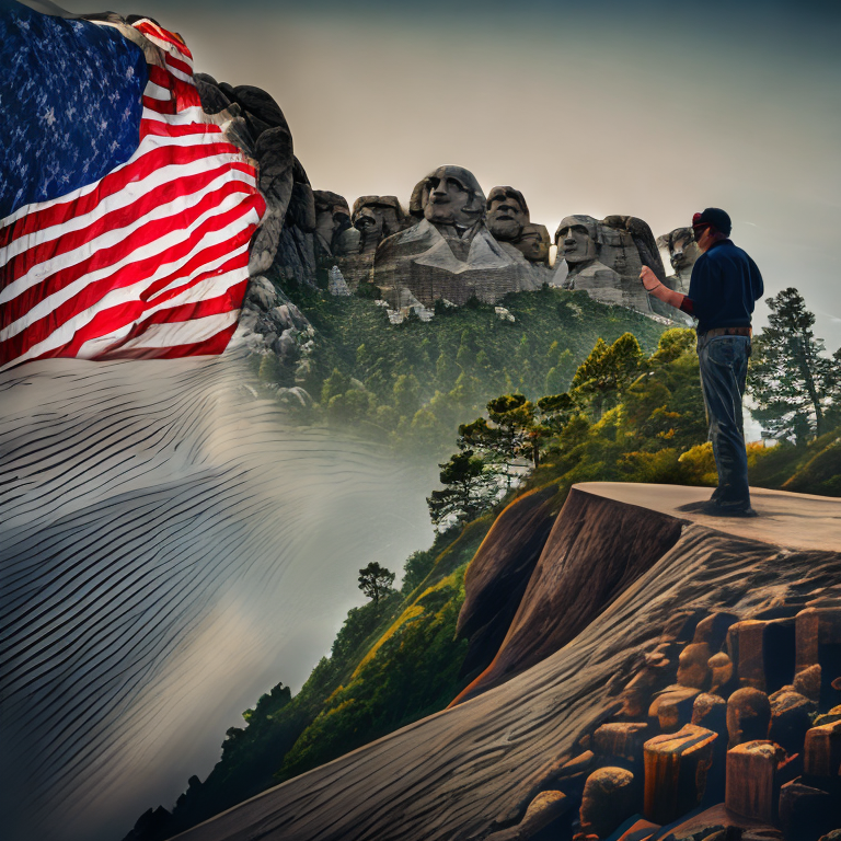 a man standing on a cliff facing away from the camera, looking at Mount Rushmore with the stone in American flag colors