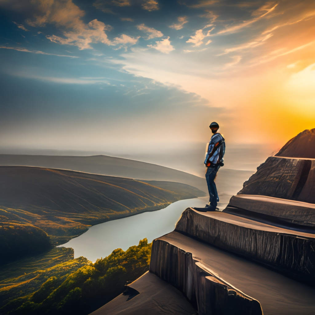 a man standing on a cliff facing away from the camera, looking into the sunset