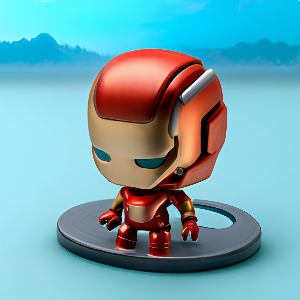 a top-down view of a 3D model of a chibi Iron Man figurine, with his scalp visible