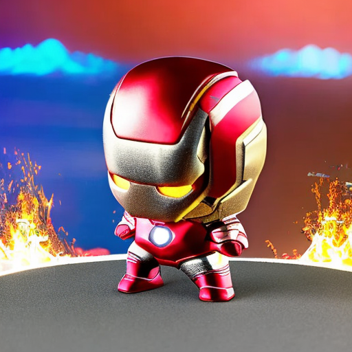 a top-down view of a 3D model of a chibi Iron Man figurine, with the top of his scalp visible, with a background of raging fire