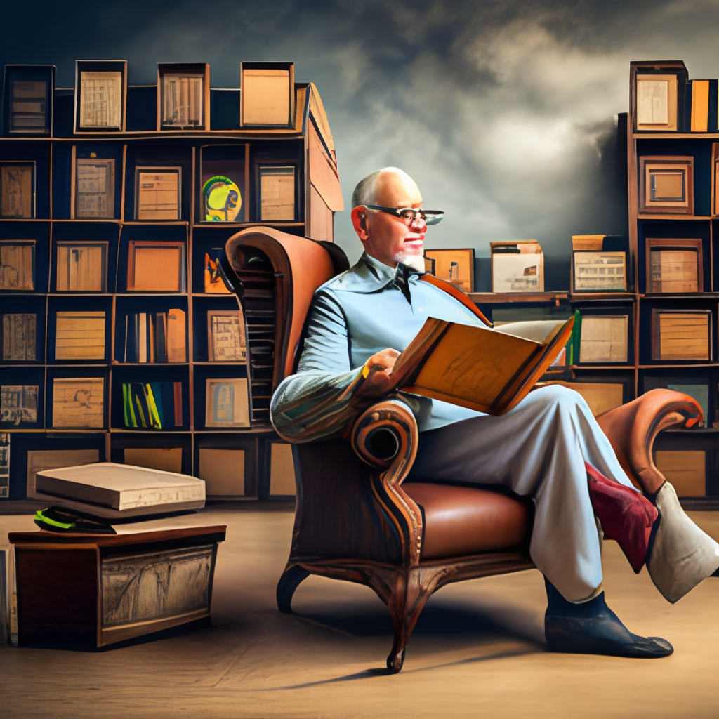 an old man with glasses reading a book in a weathered leather armchair