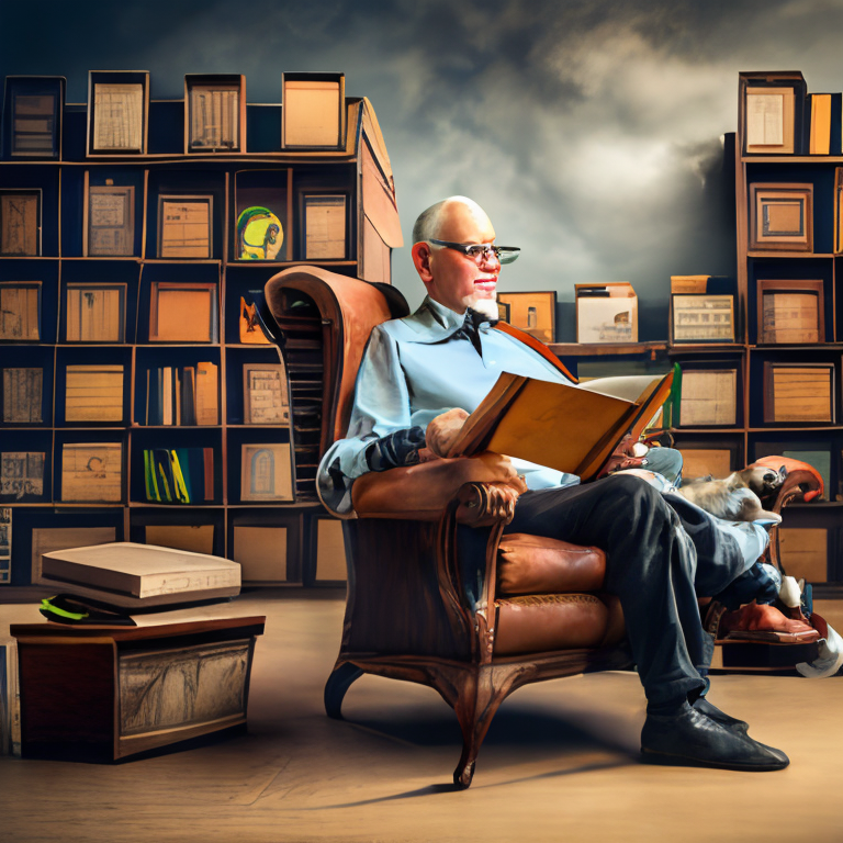 a kitten sleeping on the old man's lap while he reads an old book in a weathered leather armchair