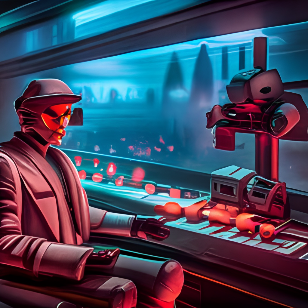 a film shot of a robot playing video games, cool, red, photo, realistic, hd, intricate details, cyberpunk, dark, horror, award - winning cinematic lighting, 3 5 mm