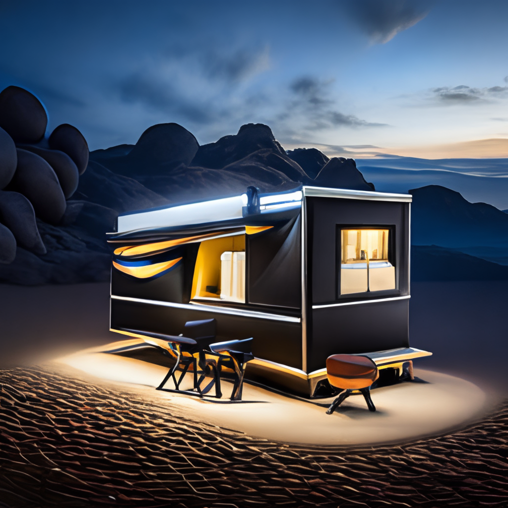 coffee trailer, color plastic led transparent,mix with black metal shiny,creative ,HD,real in high resolution ,realistic, cinematic mode,background the middle of a rocky dessert, night,dark, 
light beam coffee trailer, luxury wooden mix metal metallic HD shiny, metallic Seamless wooden metallic,8k ,HD --ar 16:9 --s 800 --upbeta --q 4 - 
