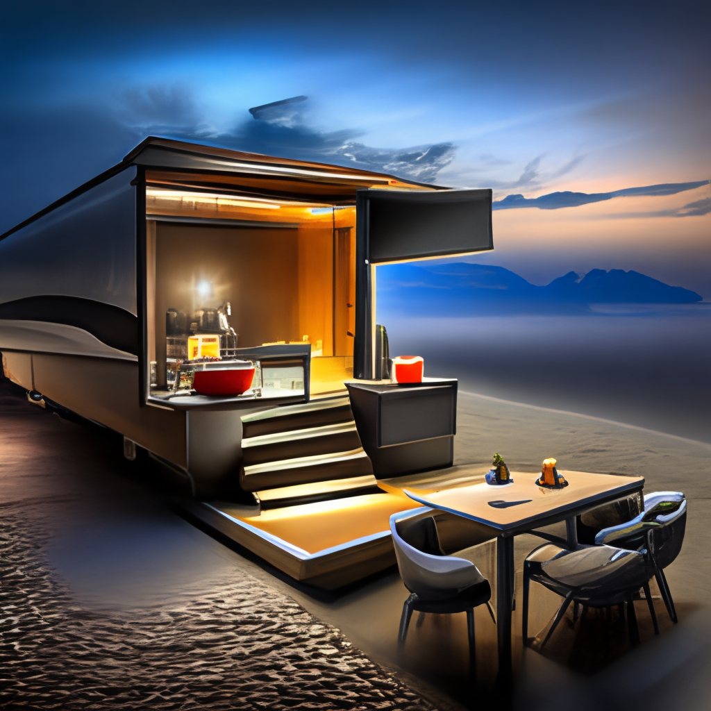 
coffee trailer, color plastic led transparent,mix with black metal shiny,creative ,HD,real in high resolution ,realistic, cinematic mode,background the middle of a rocky dessert, night,dark, 
light beam coffee trailer, luxury wooden mix metal metallic HD shiny, metallic Seamless wooden metallic,8k ,HD --ar 16:9 --s 800 --upbeta --q 4 - 