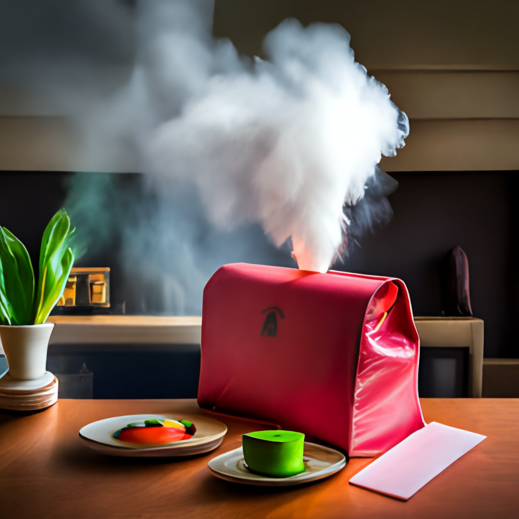 a red food delivery bag, sitting on a table and slightly open, with steam rising from the bag