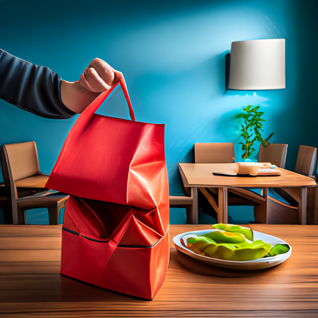 a red food delivery bag, sitting on a table and slightly open, with a hand reaching in to grab food