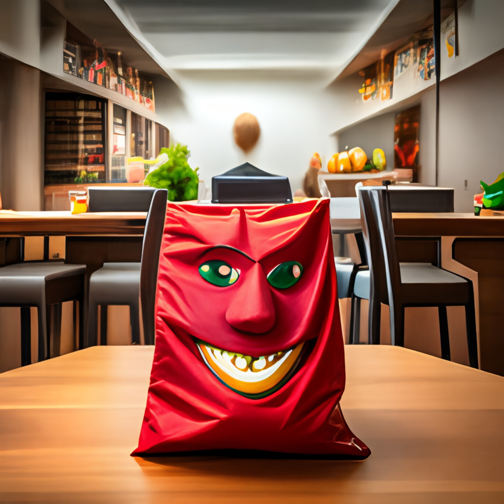 a red food delivery bag, sitting on a table and slightly open, with a person's face peeking out from behind the bag