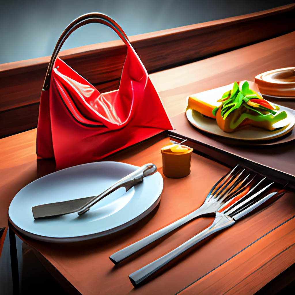 a red food delivery bag, sitting on a table and slightly open, with a fork and knife next to it