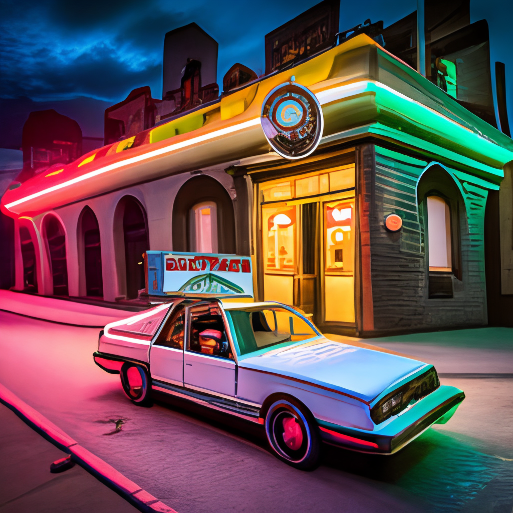 a DeLorean with a pizza delivery sign on top, parked in front of a neon-lit diner