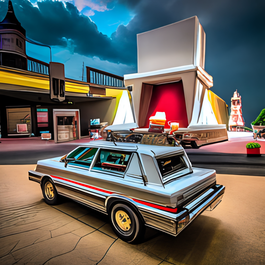 a DeLorean with a popcorn machine on top, parked in front of a movie theater