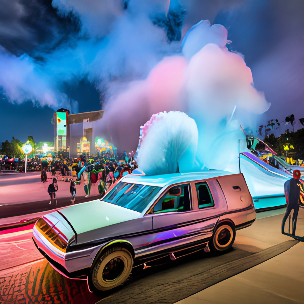 a DeLorean with a cotton candy machine on top, parked in front of a carnival