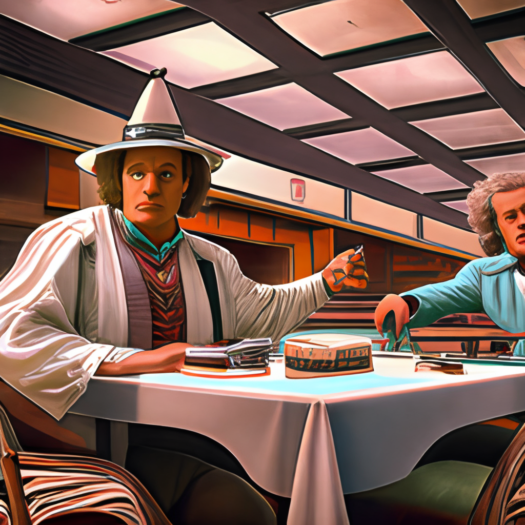 Doc Brown and Marty eating pizza in a futuristic diner, with hoverboards parked outside