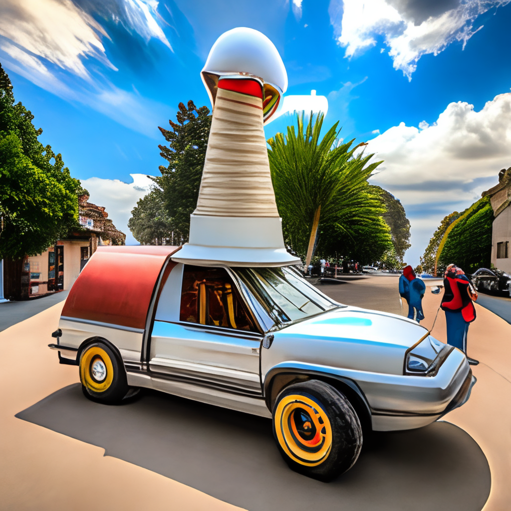 a time-traveling DeLorean with a giant ice cream cone on top, driven by Doc Brown and Marty