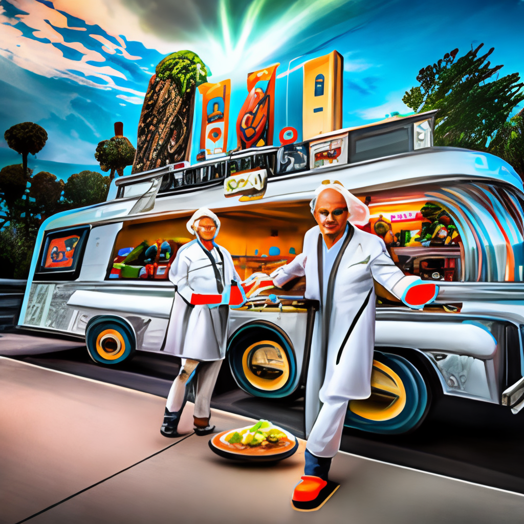 a futuristic food truck with Doc Brown and Marty serving burgers and fries