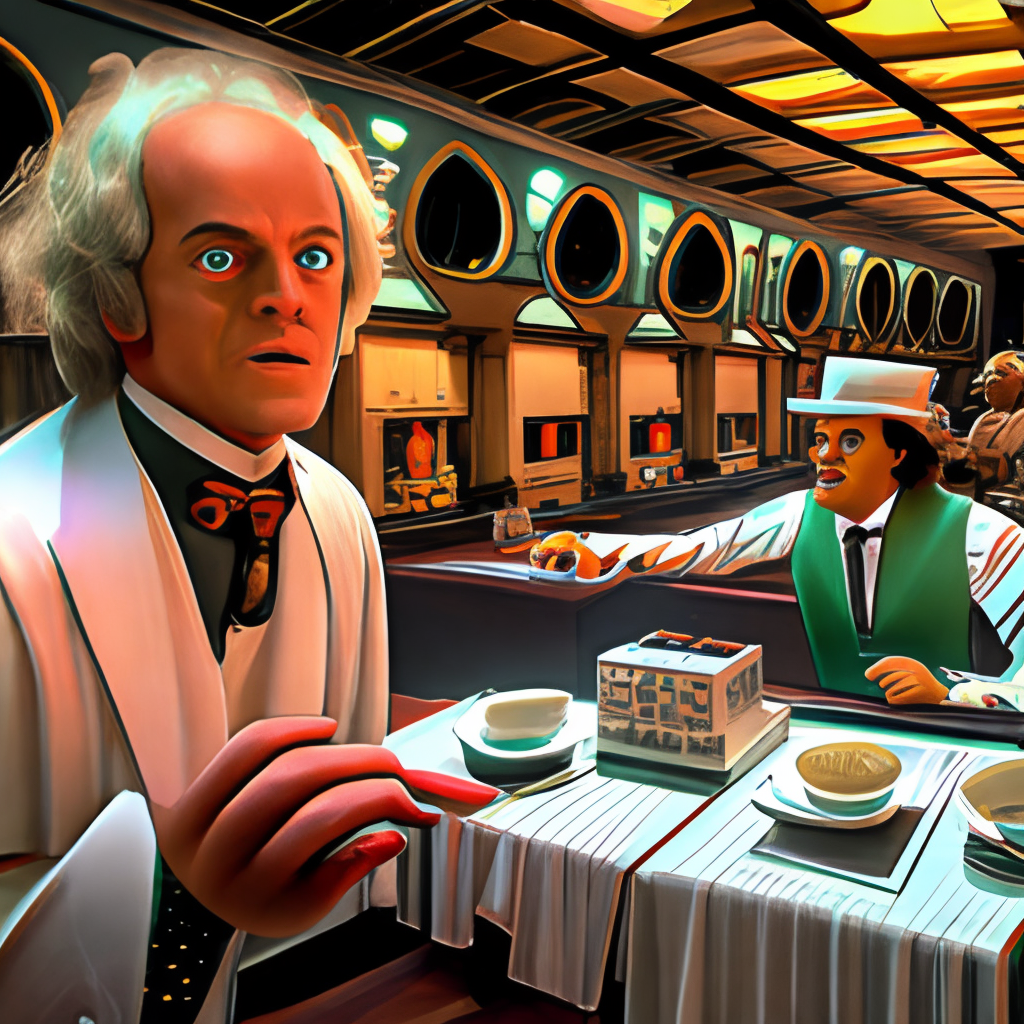 Doc Brown and Marty eating sushi in a futuristic restaurant, with a robot waiter serving them
