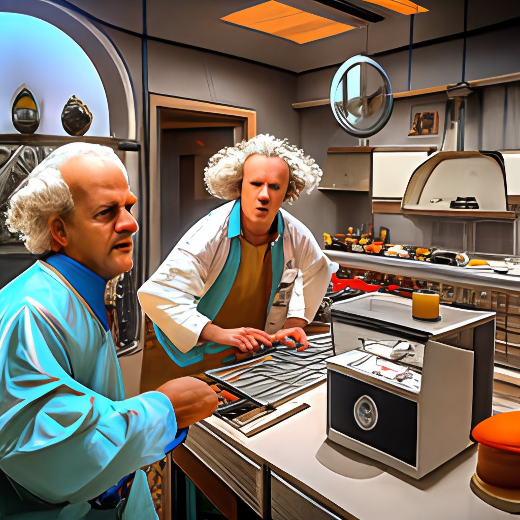 a futuristic kitchen with Doc Brown and Marty cooking up a storm with high-tech gadgets