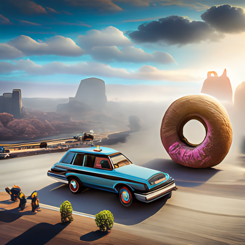 a time-traveling DeLorean with a giant donut on top, driven by Doc Brown and Marty