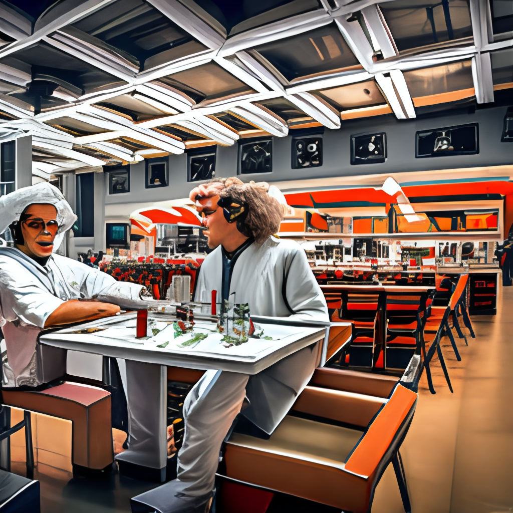 Doc Brown and Marty eating tacos in a futuristic food court, with robots serving them