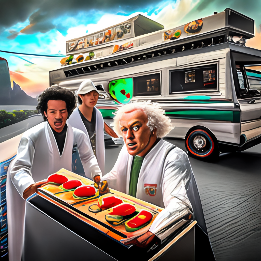 a futuristic food truck with Doc Brown and Marty serving sushi rolls and tempura