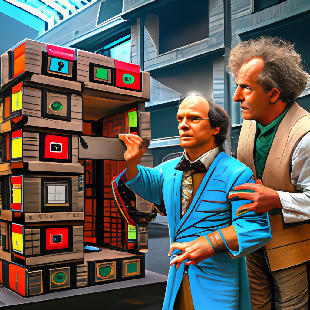 Doc Brown and Marty standing in front of a time machine made out of a giant Rubik's Cube