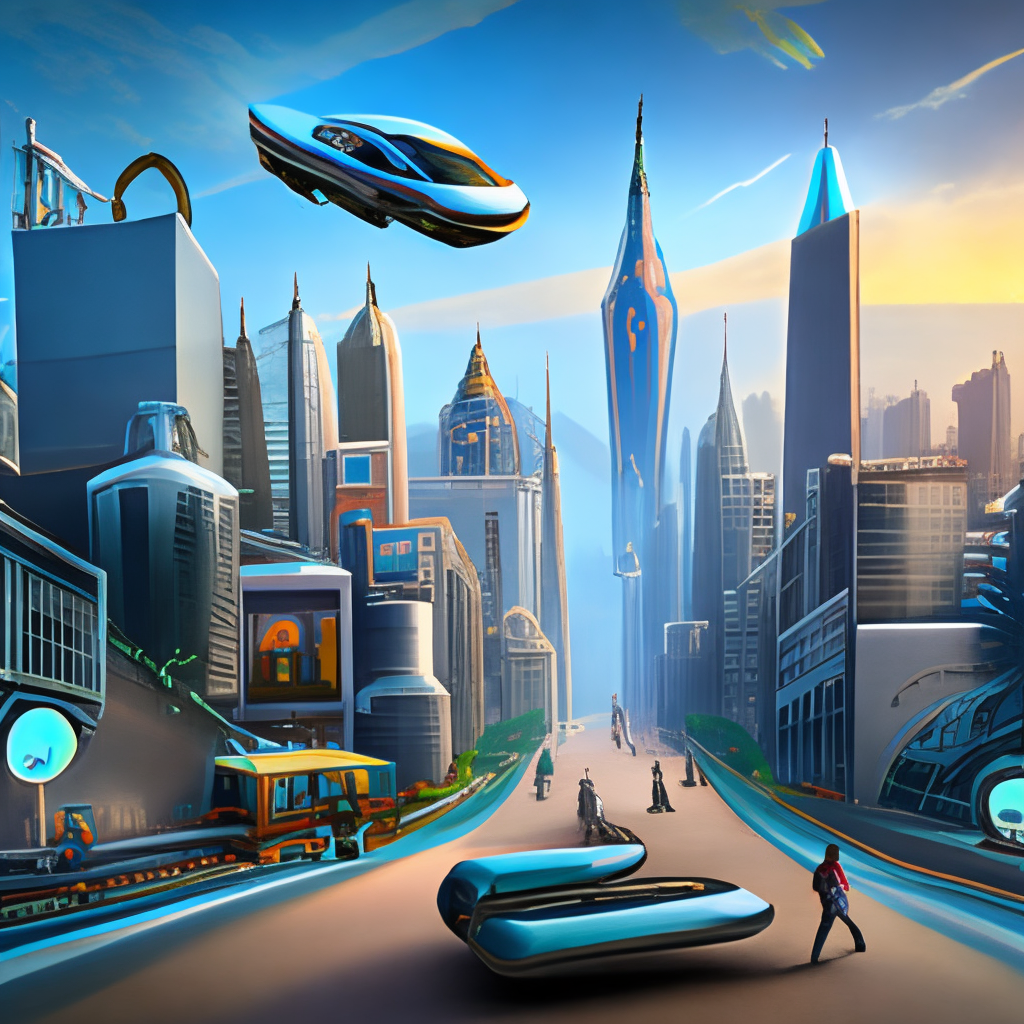 a futuristic cityscape with flying cars and hoverboards, inspired by Back to the Future