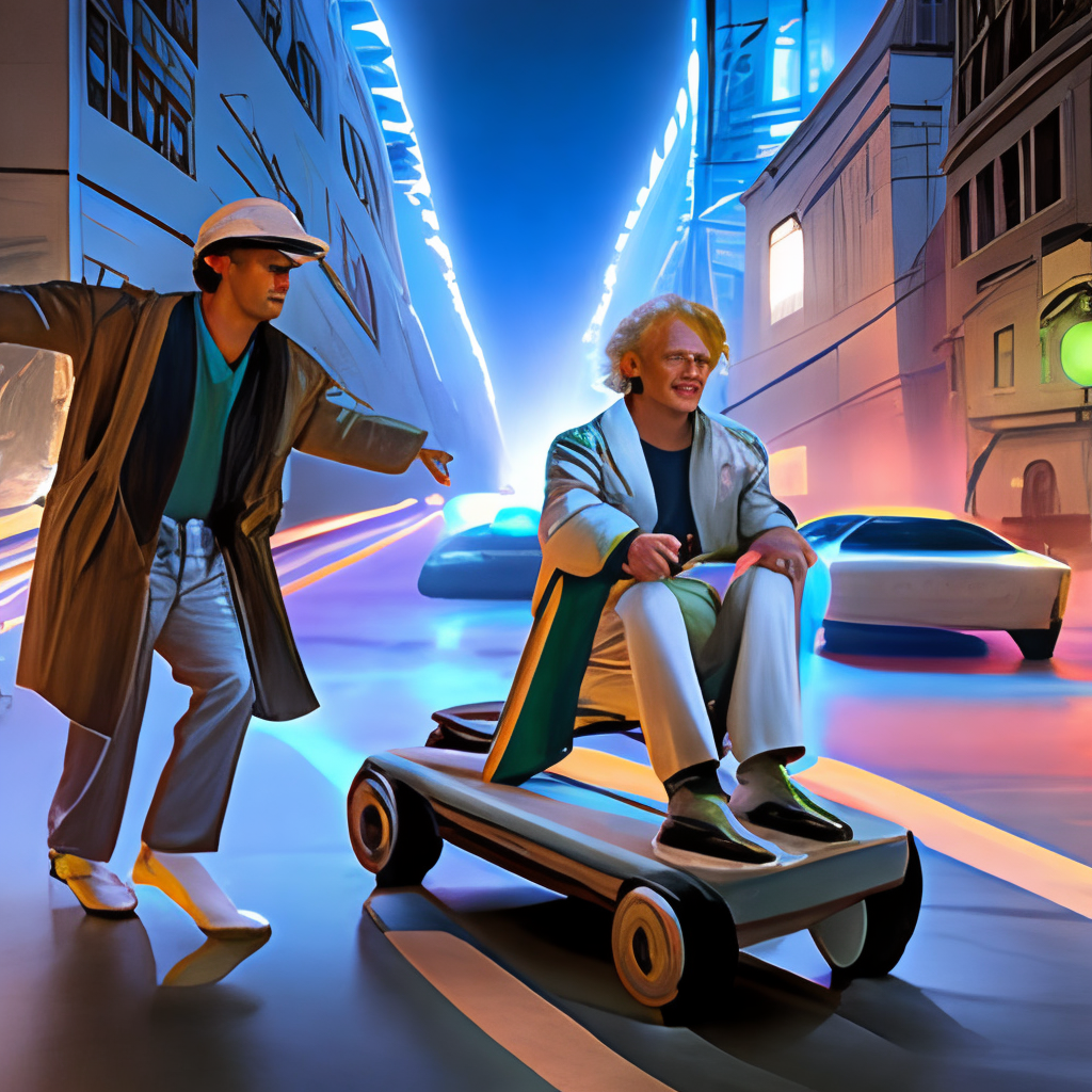 Doc Brown and Marty riding a hoverboard through a neon-lit city at night