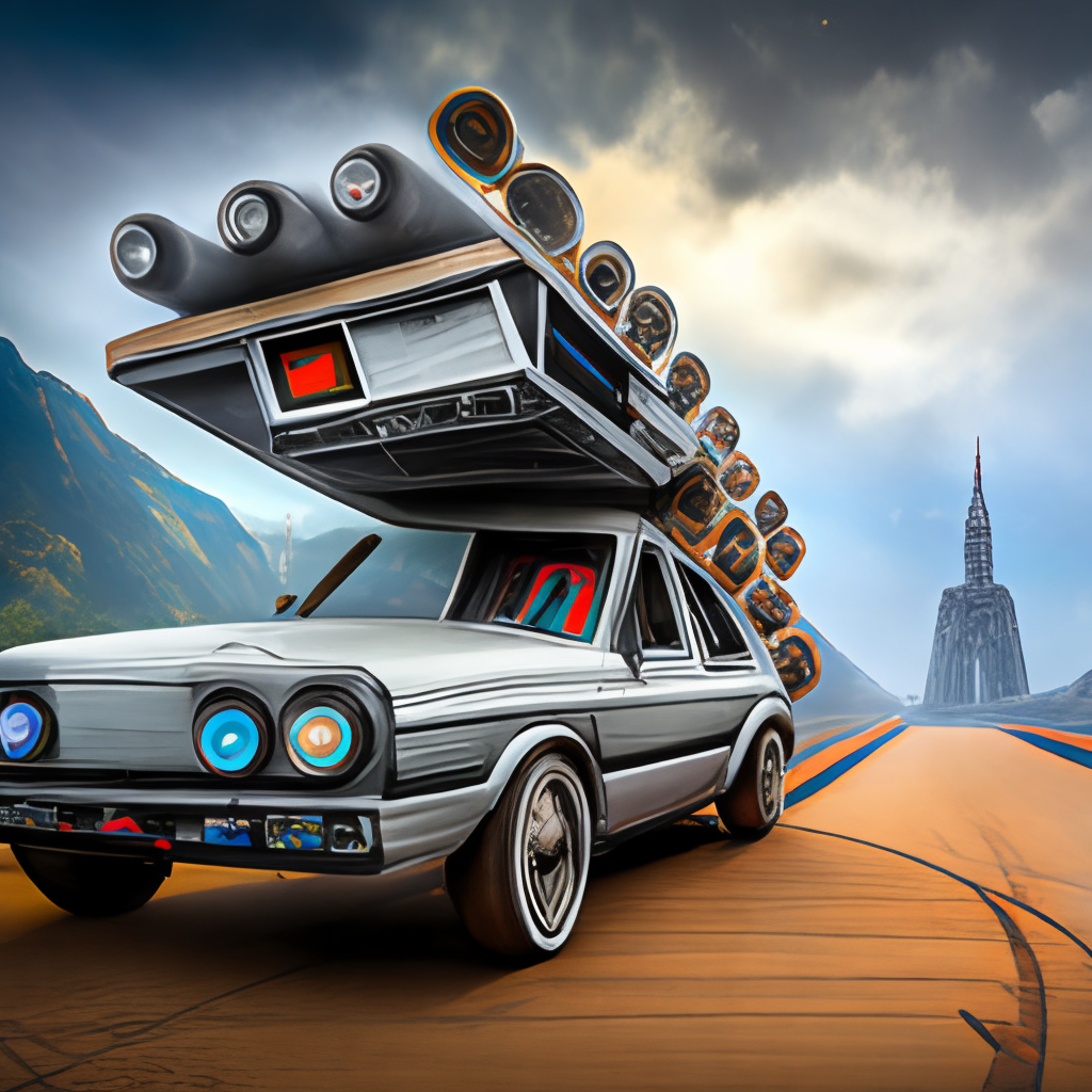 a time-traveling DeLorean with a giant cassette tape on top, driven by Doc Brown and Marty