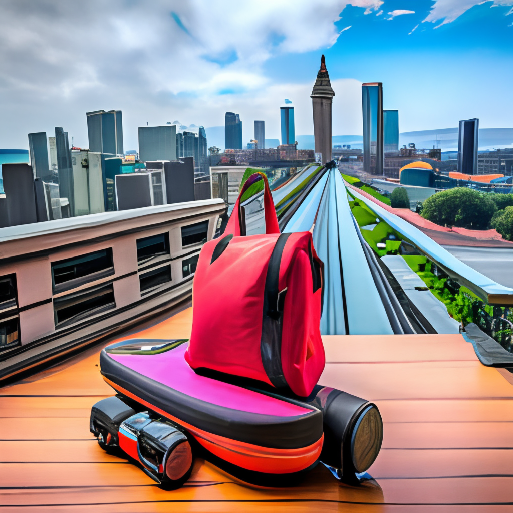a red bag on top of a pink hoverboard skateboard, with a city skyline in the background