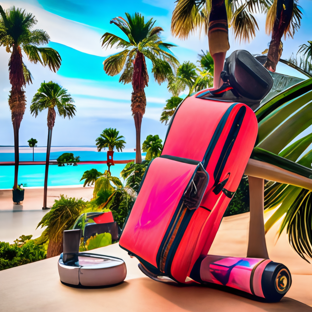 a red bag on top of a pink hoverboard skateboard, with a beach and palm trees in the background