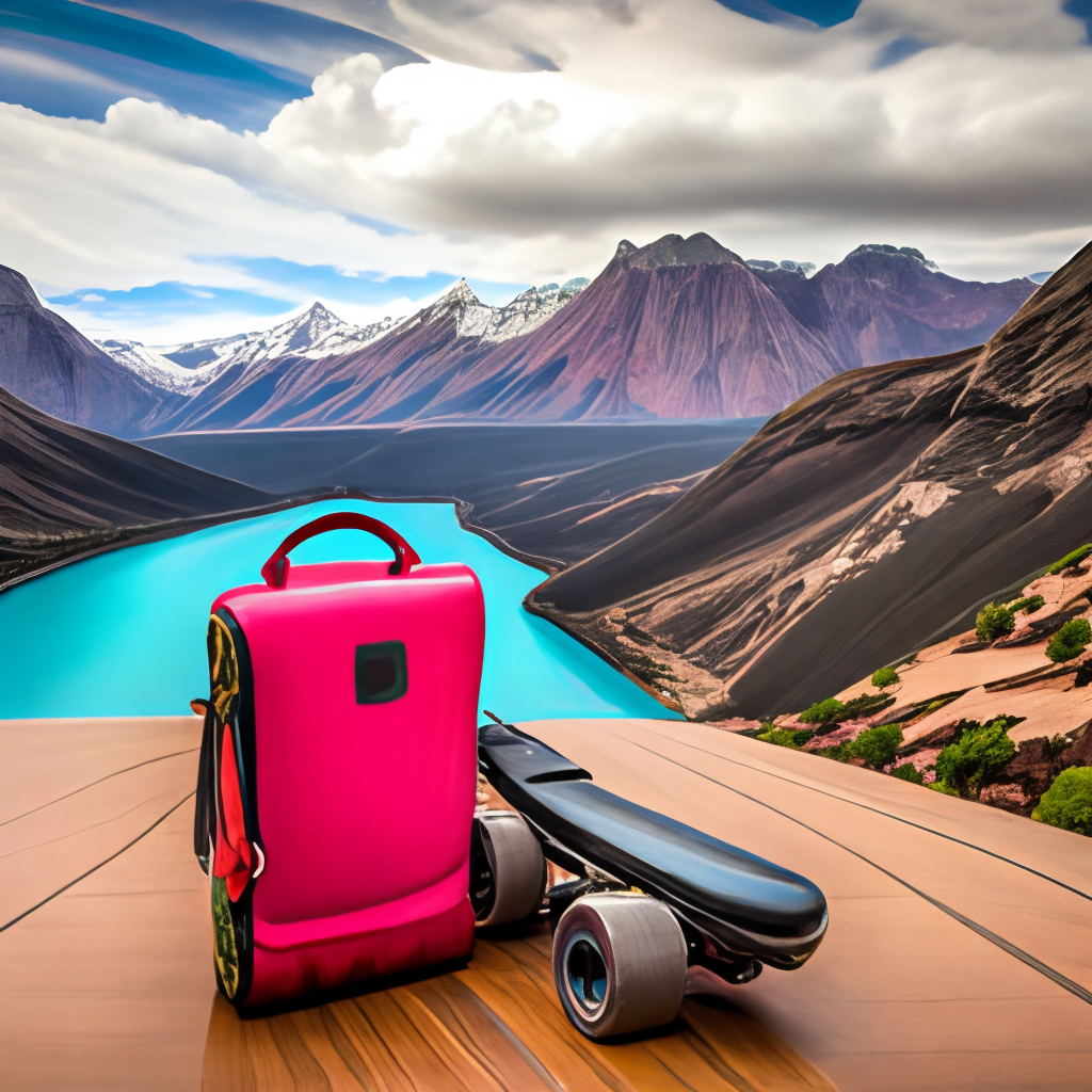 a red bag on top of a pink hoverboard skateboard, with a mountain range in the background